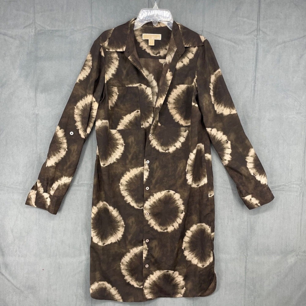 MICHAEL KORS Brown Tie Dye Button Up Long Sleeve Dress size Medium